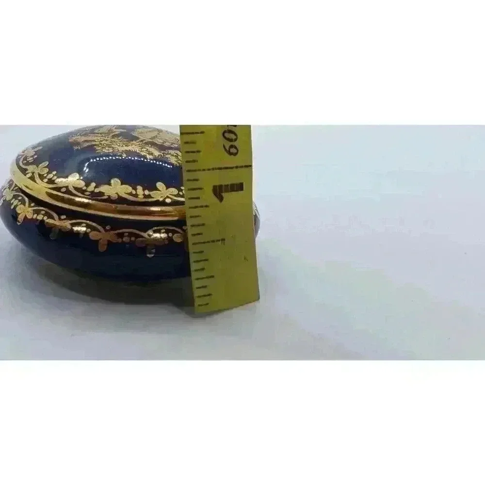 Vintage Limoges France Blue Courting Couple Trinket Pill Box Gold Trim Signed